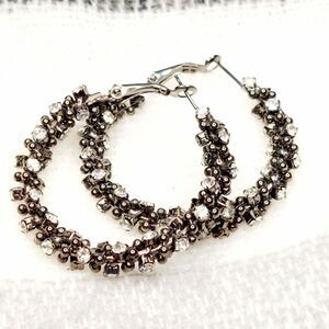 Hoop earrings clear rhinestones gunmetal